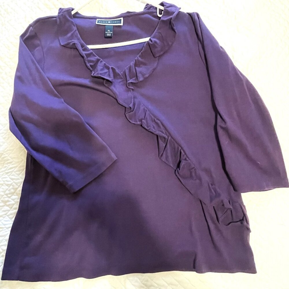 Karen Scott Navy Blouse with Fancy Rapped Looking Front, Size XL